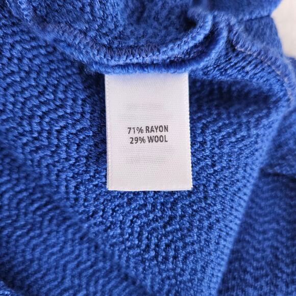 St. John Royal Blue Sheath Dress Size 14 Wool Blend Faux Wrap Cap Sleeves Mature - Picture 5 of 8